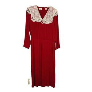 Vtg 80's Nilani Red Applique Lace‎ Pleated Tea Dress Pearls Fancy Party sz 11/12